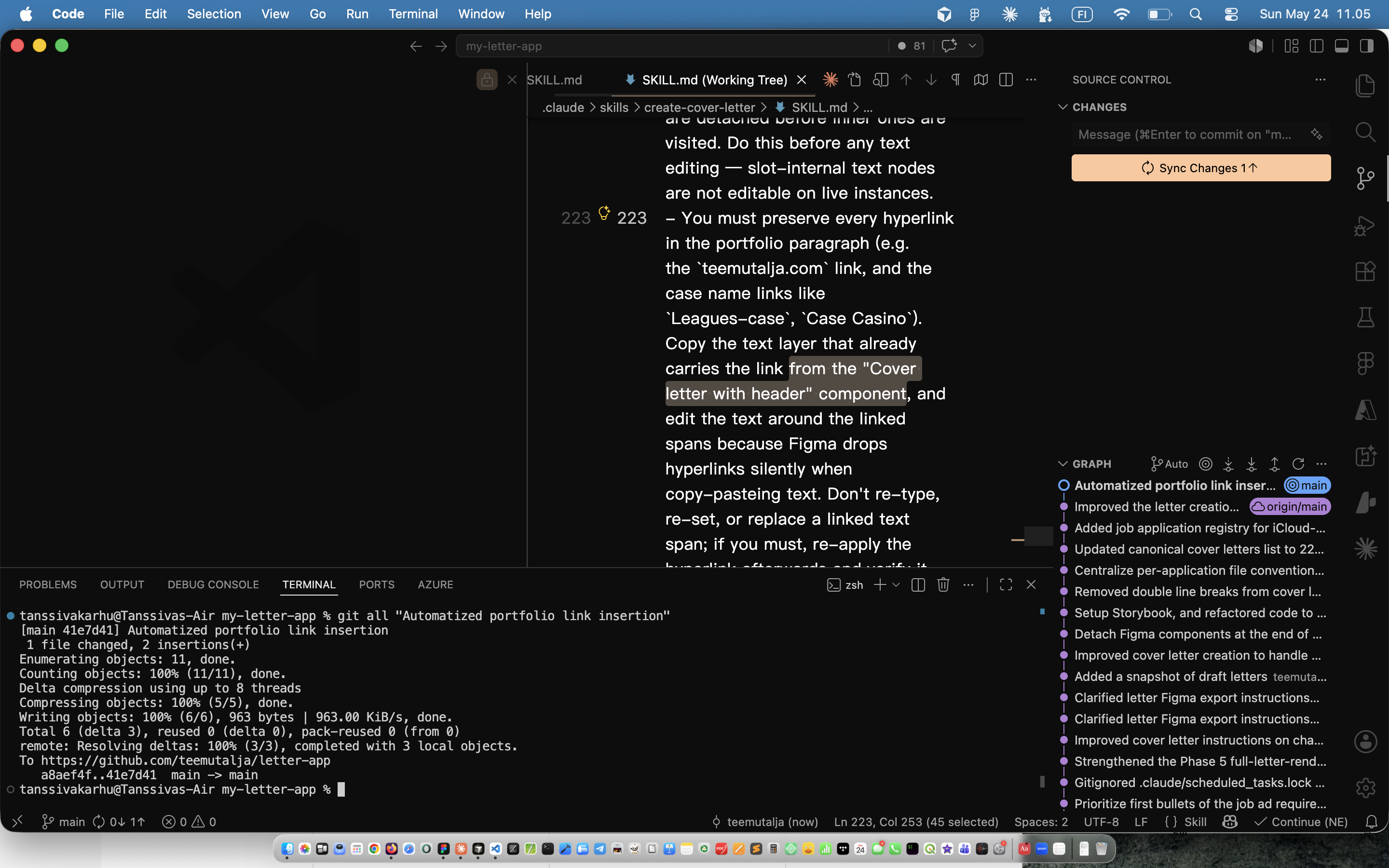 VS Code and terminal side by side, git commit of skill update visible